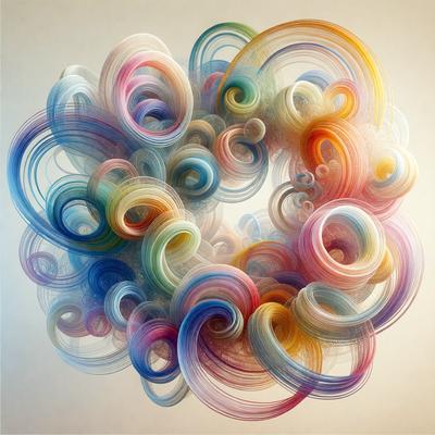 The primary subject of the image is a colorful, swirling, and curling pattern. The pattern is composed of various colors, including blue, pink, yellow, and orange. The setting is a white background, which provides a clean and uncluttered environment for the pattern to stand out. The visual style of the image is a combination of digital art and illustration, as it appears to be a digital creation with a hand-drawn feel. The overall atmosphere of the image is vibrant, lively, and full of energy, thanks to the dynamic and colorful pattern.